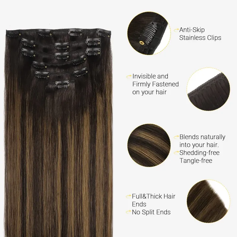 Sunmofavo Clip In Human Hair Extensions Straight Natural Light Brown Honey Ombre Balayage Black Hair Pieces For Women Full Head