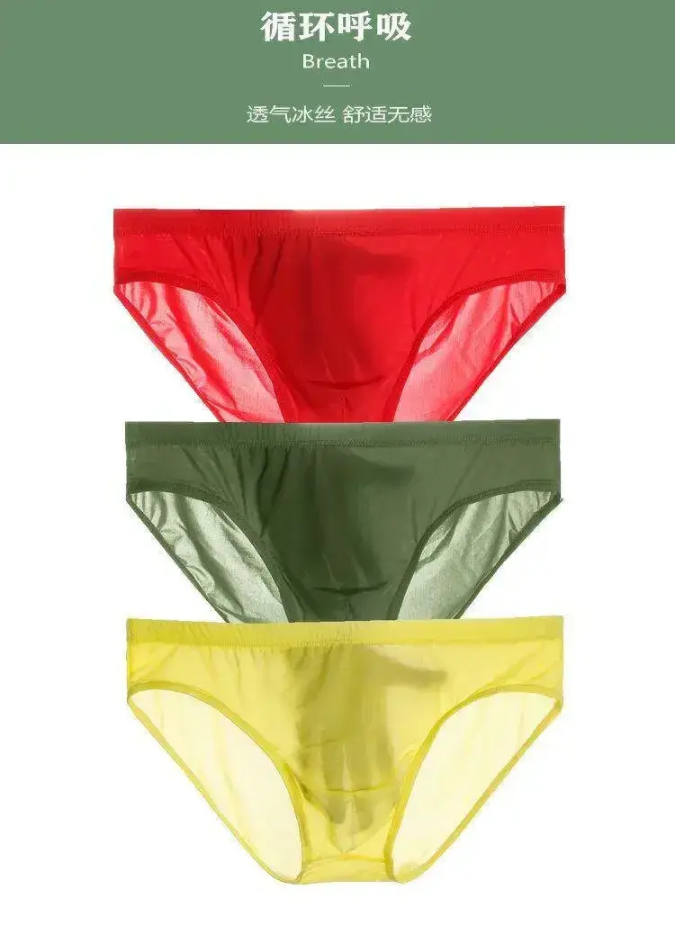 Mens Lightweight Silk See Through Bikini Briefs Solid Seamless Quick Dry Transparent Underwear Breathable Daily Intimates