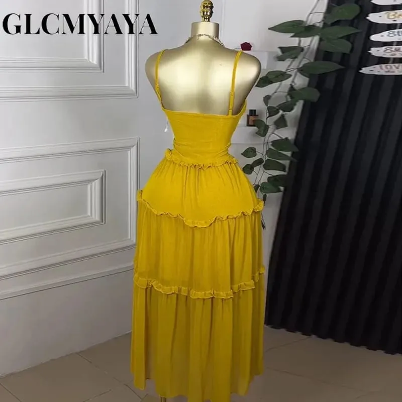 Women Strap Sleeveless Ruffles A-line Midi Maxi Long Dress 2025 Summer Beach Holiday Vacation Vestidos Dresses — image 3