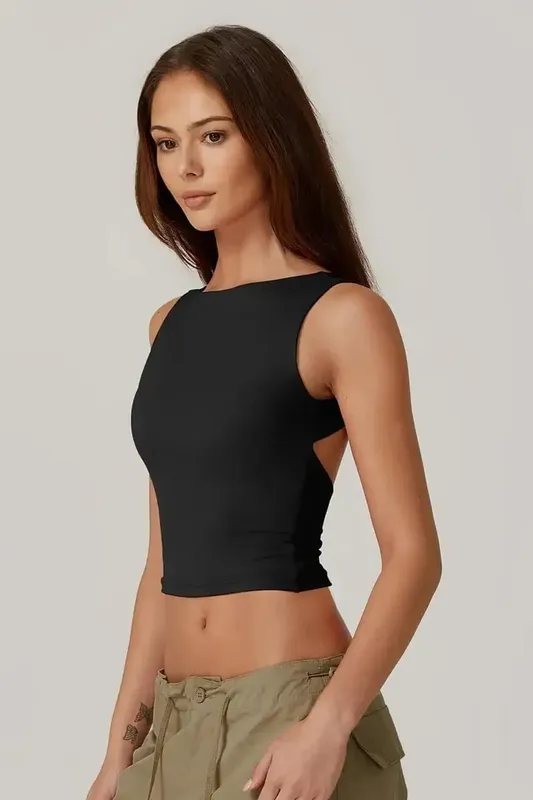 Sexy Open Back Sleeveless Crop Tank High Neck Slim Fit Cropped Tee Shirt Y2k Tops Women Casual Fit Boat Neck Comfy Solid Shirt — image 6