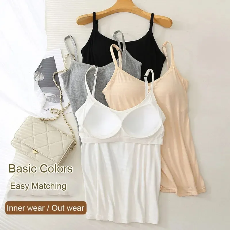 M-3XL For 35-85kg Modal Plus Size Camisole Tank Top With Fixed Cup Women's Chest Padded Outer Wear Bottoming Underwear Wear-Free
