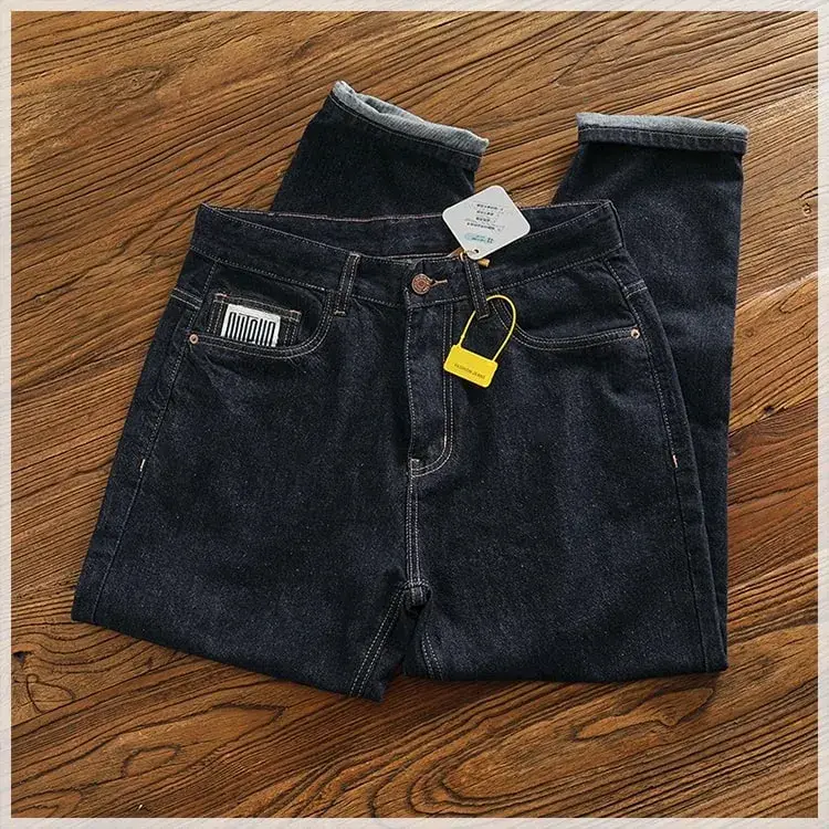 Anti-fading solid color general wash primary color denim jeans men's dark American casual loose straight cone pants — image 10