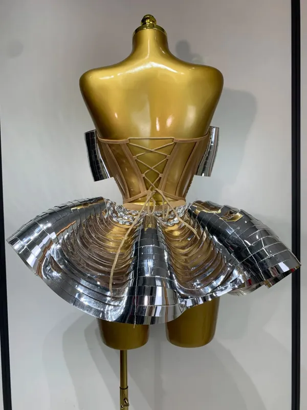 Women Stage Performance Costume Two Piece Set Silver Sequins Rhinestone Fancy Outfit Sexy Backless Shiny Birthday Party Dresses — image 4