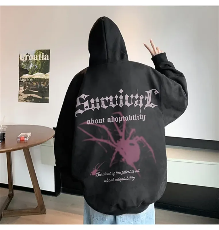 Autumn Gothic Spider Printed Hooded Sweatshirts Hombre Harajuku Streetwear Graphic Suede Hoodies Aesthetic Oversized Y2K Hoody