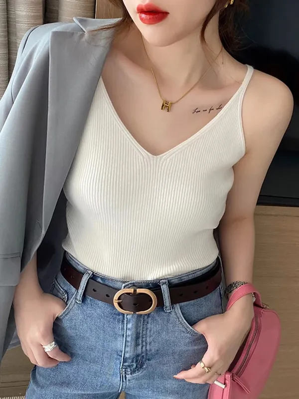 Korea Summer Tops New Solid V-Neck Elastic Knitted Suspender Camis Women's Tanks Clothing Basics Shirt — image 2