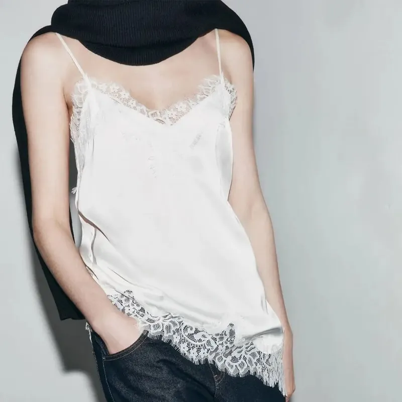 Elegantní asymetrický krajkový patchworkový top Sexy krajkový košilkový topy bez rukávů Elegantní topy bez zad večerní šaty