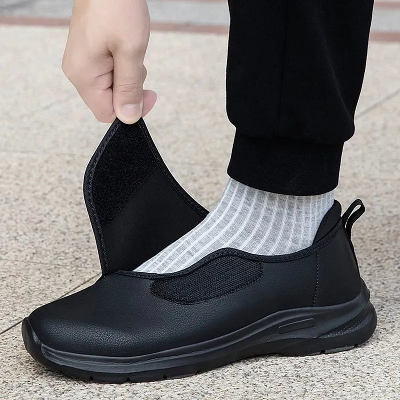 Men's Orthopedic Diabetic Leather Sneakers Adjustable Hook & Loop Wide Fit Open Shoes for Swollen Feet Comfortable Walking Shoes