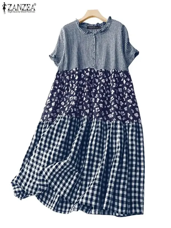 Women Plaid Long Dress 2024 Summer Holiday Pleating Stitching Shirt Dress Casual Loose Short Sleeve Robe Fashion Sundress — image 7