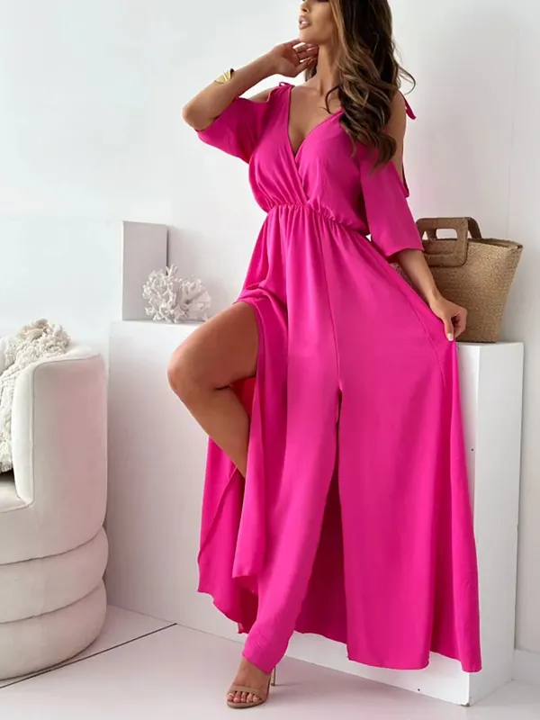 ฤดูร้อน V คอกระโปรง Slit Dress Off-ไหล่เซ็กซี่สปาเก็ตตี้ชุดเดรสแฟชั่น Elegant หลวม Beach Dresses Robe femme