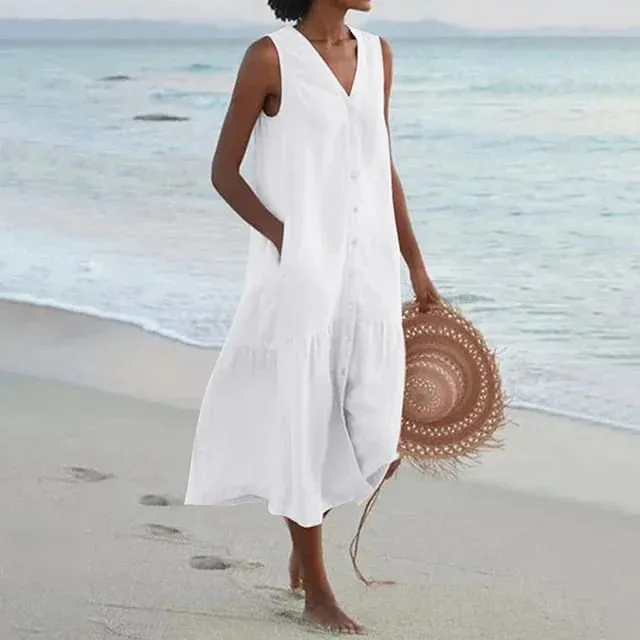 Musim Panas Longgar Kasual Patchwork Cotton Linen Pocktes Gaun V Leher Gaya Pantai Gaun Tanpa Lengan Vintage Club Midi Solid Wanita Pakaian — image 7