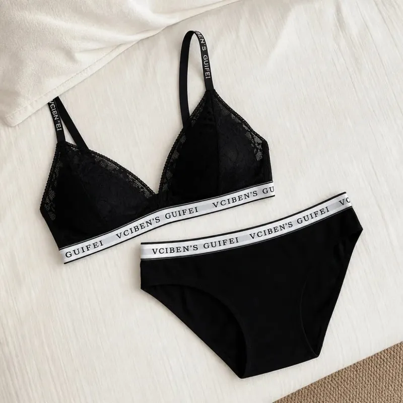 Ensemble de Lingerie confortable en dentelle pour femmes, Design de lettres, sous-vêtements, costume, blocage de couleur, soutien-gorge sans fil, culotte, ensemble quotidien — image 4