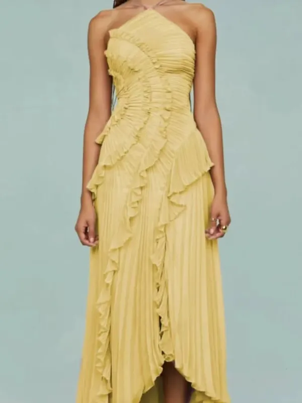 Chic pleated halter neck long vacation dress high quality purple strapless Lotus Edge Maxi Dress 2026 New Lady Vacation Gowns — image 8