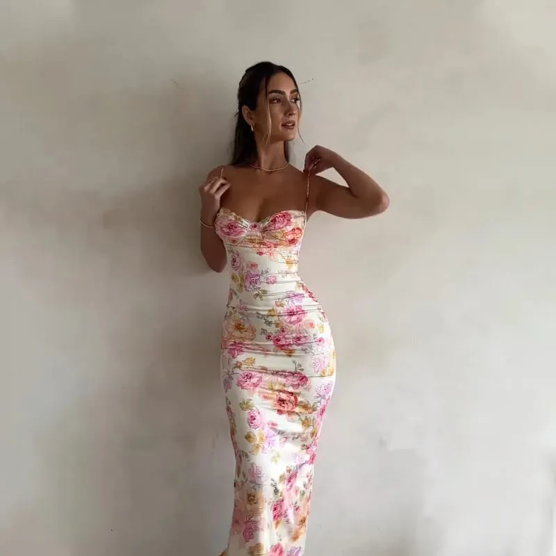 New Floral Suspender Split Slim Sleeveless Patry Beach Style Spaghetti Strap Dress Women Clothes Mini Dress 2024 Summer — image 3