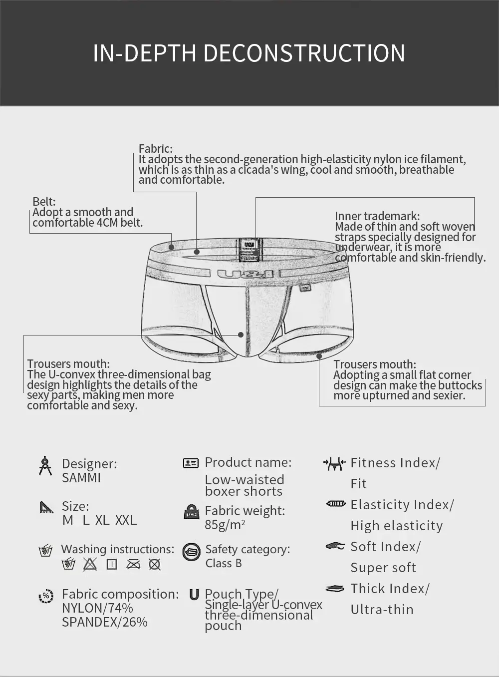 U&I men's underwear boxer low-waist nylon ultra-thin slightly transparent u convex design trendy personality summer boxer — image 2