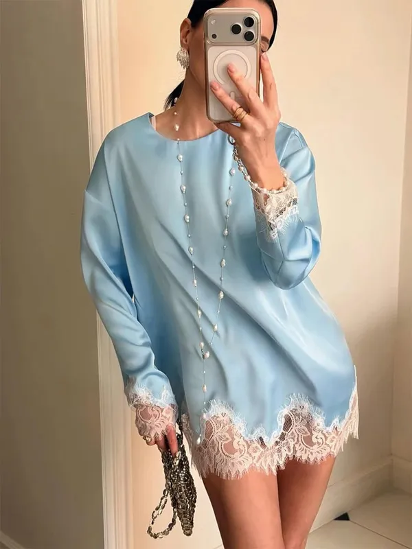 Hellblaues Spitzen-Satin-Rundhalskleid für Damen, elegantes, seitlich gebundenes, langärmliges, weiches, kurzes Kleid, 2026, tägliches Urlaubs-Party-Sommerkleid — image 3