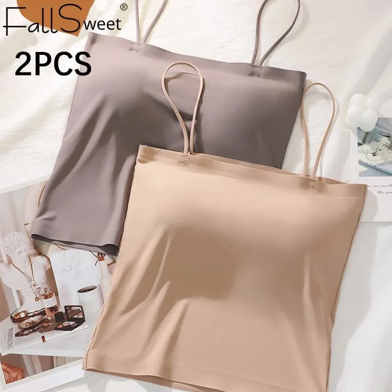 FallSweet 2PCS/set Summer Girls Ice Silk Camisoles Non-wire Bra Tanks Tops Comfort Soft Invisible Underwear Sexy Female Lingerie