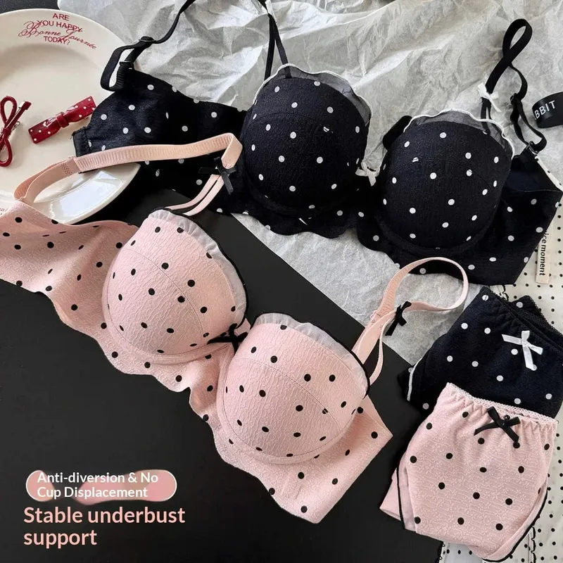 Ensemble deux pièces soutien-gorge en dentelle à pois, petit buste, Anti-affaissement, Collection de seins latéraux, ensemble de Lingerie confortable sans fil — image 3