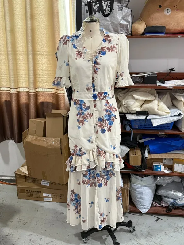 Abito lungo in chiffon con stampa floreale da donna Abito romantico con scollo a V profondo con maniche svolazzanti Abito alto e basso in pizzo 2026 Abito elegante da donna estivo — image 11