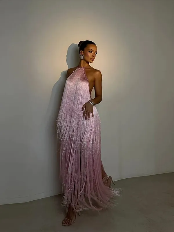 Vestido de festa feminino halter sem mangas sem costas borla sólida feminino longo vestidos de férias 2026 moda verão elegante senhora robe — image 2