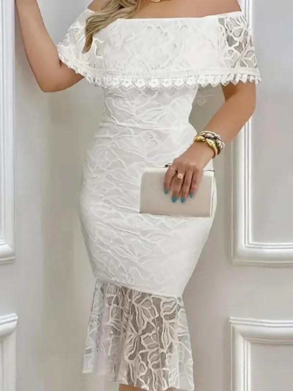Women's White Off-Shoulder Lace Midi Dress Ruffled Neckline Flared Hem Ideal for Evening Parties Wedding Receptions — image 6