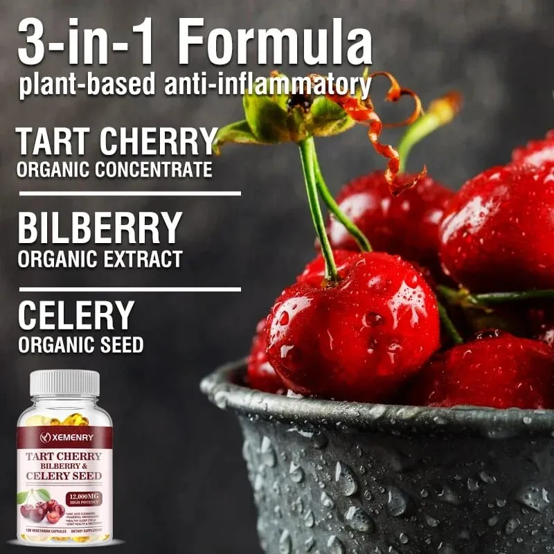 Organic Tart Cherry & Celery Seed Capsules - Uric Acid Cleanse Support Sleep & Joint Health Muscle Repair