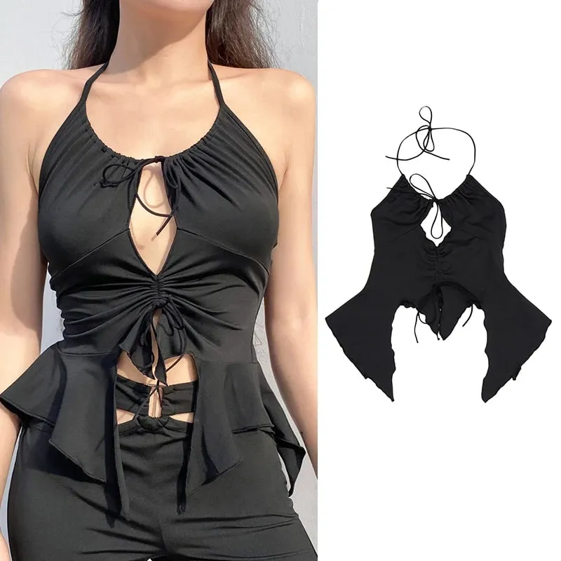90s Women Sexy Goth Cami Top Y2K Aesthetic Black Sleeveless Backless Halter Crop Vest E-girl 2022 Vintage Summer Tank Top Clothe — image 4