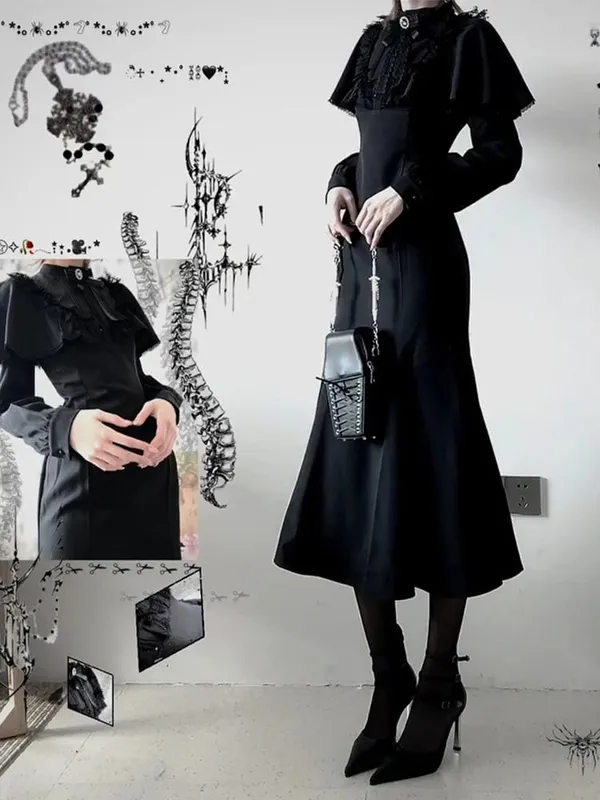 Streetwear Black Vintage Lace Patchwork Dresses Grunge Y2k Aesthetic Pleated Vestidos Gothic Harajuku Woman Bodycon Bow Dress — image 6