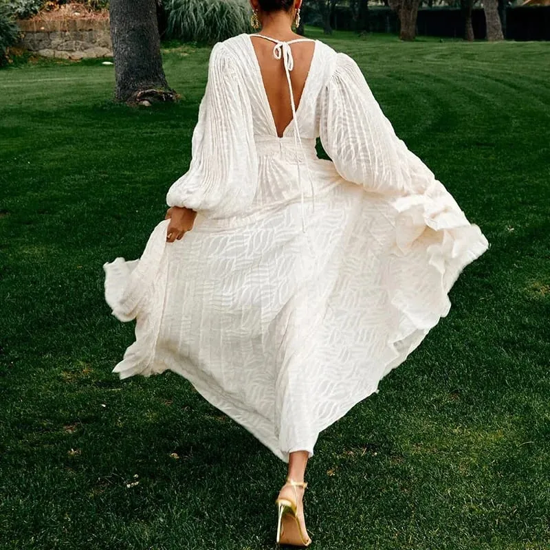 Elegant V-neck Jacquard Swing Long Dress Women Casual Lantern Sleeve Loose Party Dress Fashion Hight Waist Pleated Evening Dress