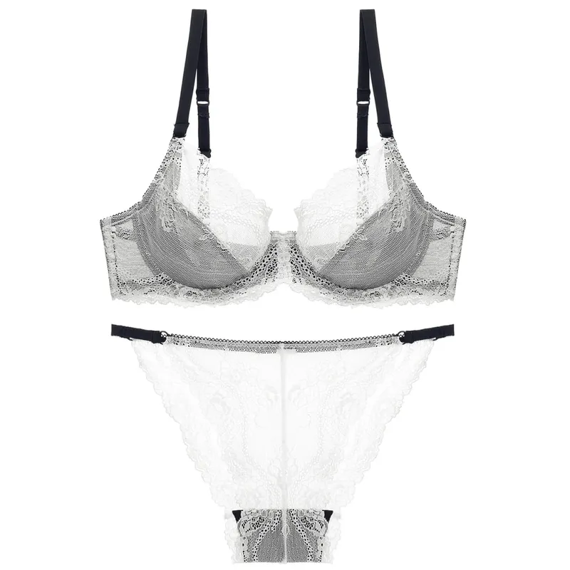 French Ultra Thin Underwear Set Sexy Lace Breathable Bra Set Women Comfortable Soft Intimates Lingerie Plus Size Bra Briefs Set — image 9