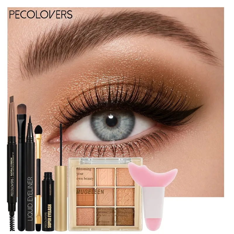 7PCS Eye Set Eyeshadow Palette + Eyeliner + Mascara + Double-ended Eyebrow Pencil Matching Makeup Tools Eye Highlighter