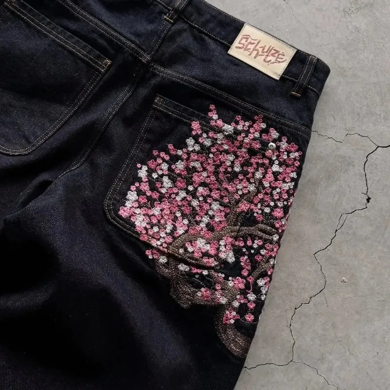 Y2K Baggy Jeans Cherry Blossom Embroidery Denim Pants Men Women American Hiphop Streetwear Wide Leg Denim Trousers