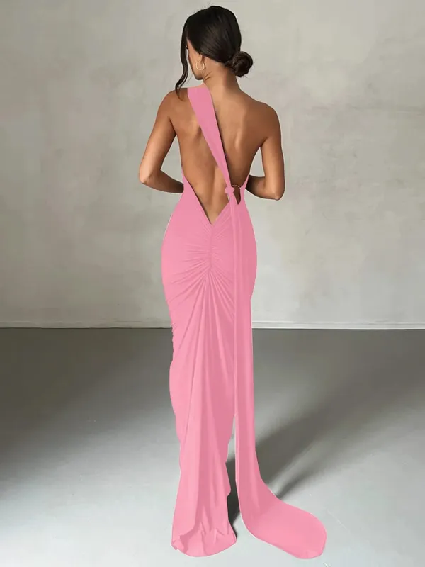 Hugcitar One Shoulder Rygløs justerbar tørklædeløkke Ruched Sexet Maxikjole 2025 Kvinder Elegant Y2K Streetwear Festival Outfit — image 20