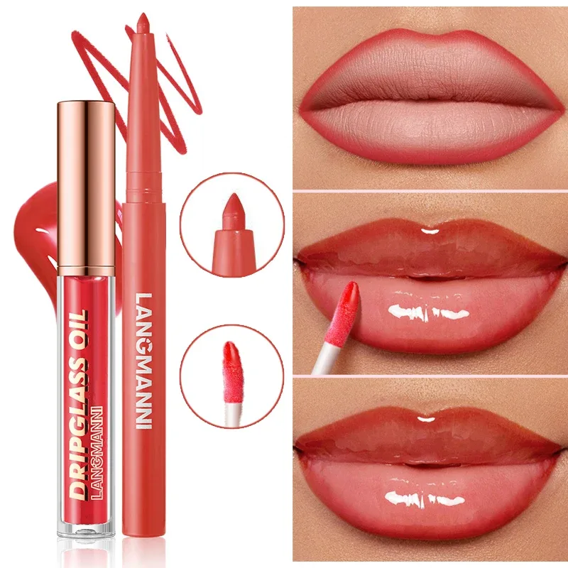 2pcs/box Matte Velvet Lipliner&Mirror Glass Lip Gloss Waterproof Long-Lasting Non-Sticky Purple Brown Liner Lip Combo Makeup Set