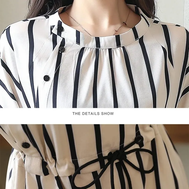 Striped Short-Sleeved Casual Midi Dress Summer Aesthetic Clothes Korean Fashion Casual Office Lady Dresses for Women Vestidos — image 6