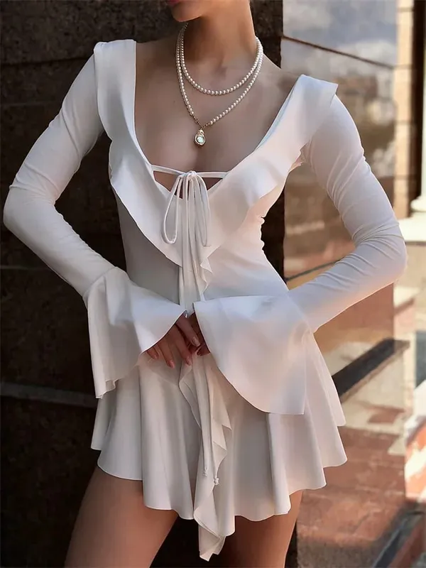 Tossy Ruffled Lace-Up White Mini Dress Women's V-Neck Patchwork Long Sleeve Sexy Slim Dress Bandage Elegant Female Summer Dress — image 5