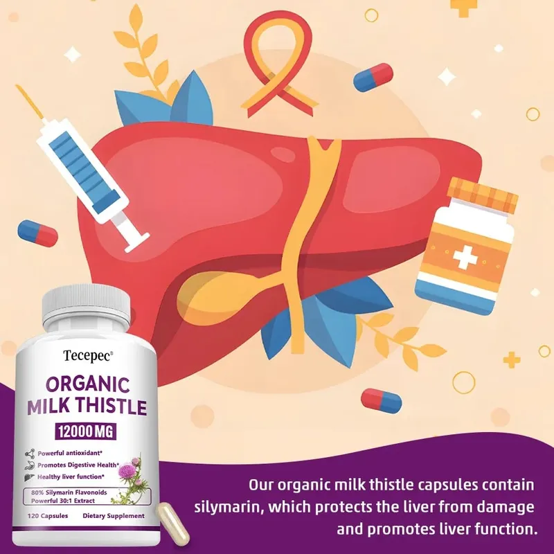 Organic Milk Thistle Extract 12000mg Capsules Liver Digestive Health Supports Liver Function Antioxidant Non-GMO Vegetarian