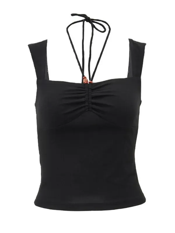Vintage Black Square-neck Halter Tank Top Sexy Slim Pleated Backless Summer Crop Tops 2024 Women Sleeveless Bodycon Vest — image 4