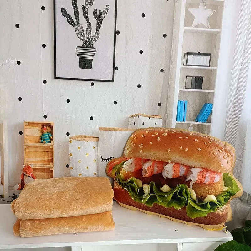 Travesseiro de hambúrguer de pelúcia realista, brinquedo de simulação, travesseiro de lance de hambúrguer de fast food com cobertor, almofada 2 em 1 — image 13