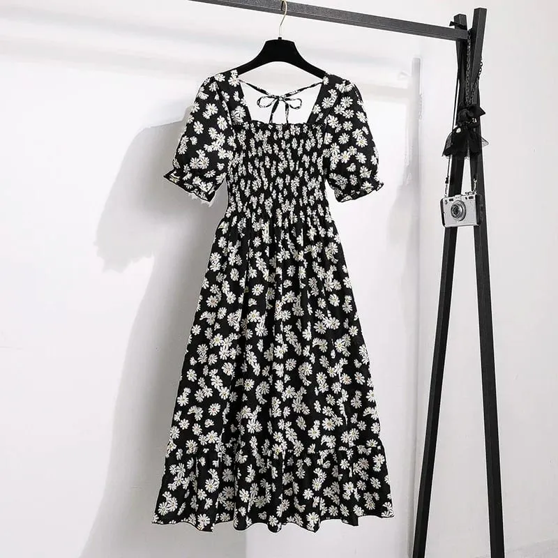 Spring Summer Chiffon Dresses Fashion Female Elastic Waist Short Sleeve Pleated Casual Dress Women A-line Dresses Vestidos — image 12