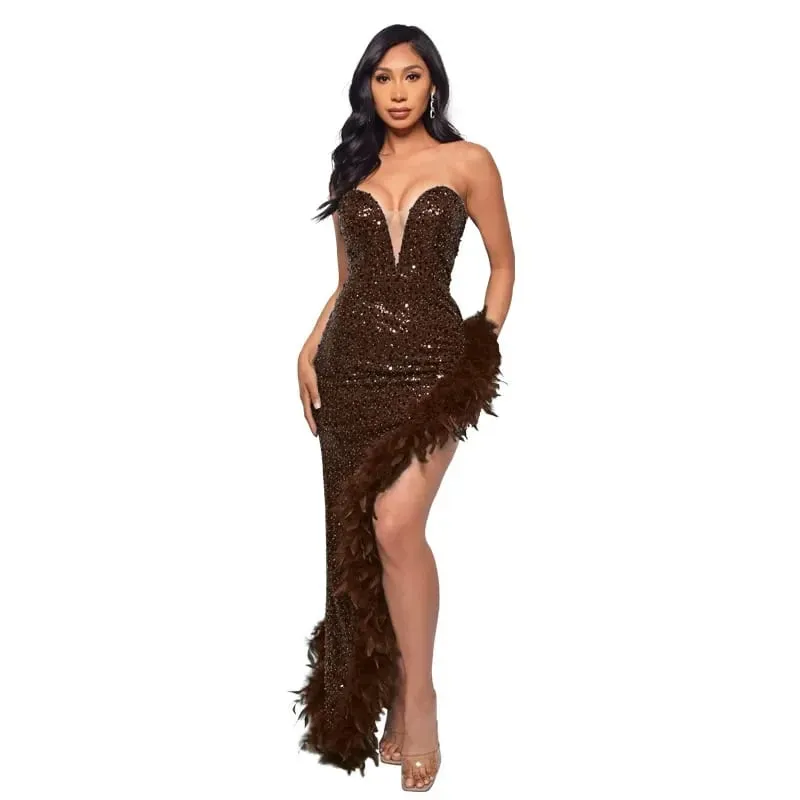 CM.YAYA Women Sequined Strapless Feather High Side Split Strapless Bodycon Midi Maxi Dress Sexy Club Even Party Dresses Vestidos