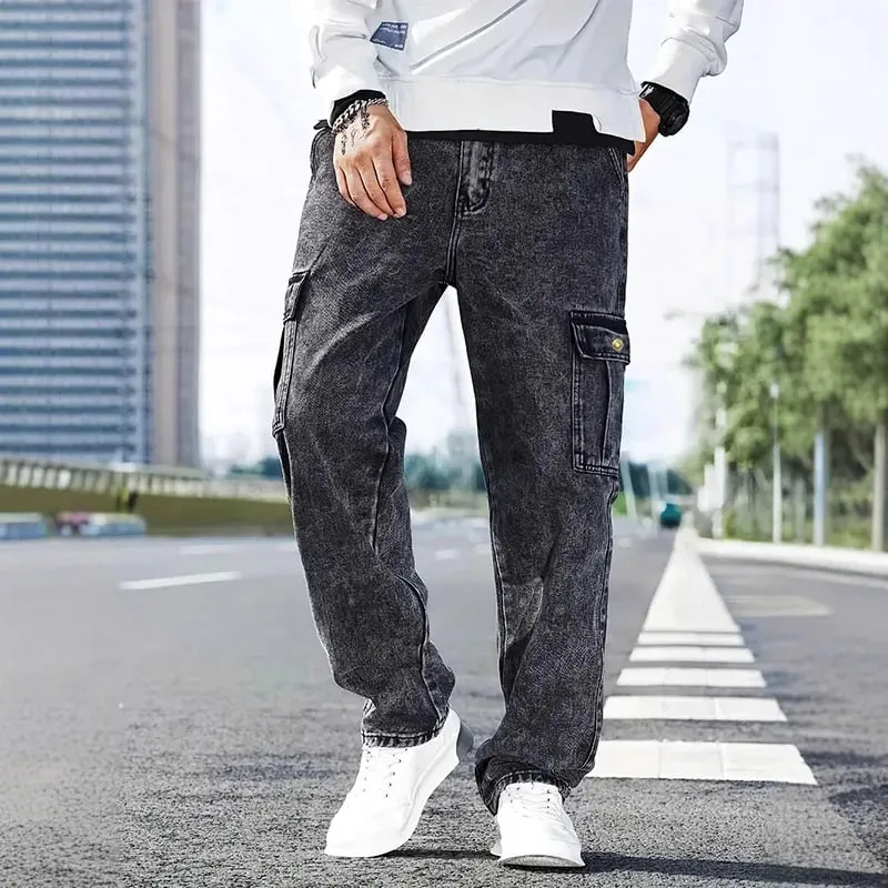 Korean Casual Comfortable Loose Fitting Jeans For Men Large Pocket Jeans Seasons Straight Leg Pants Work Pants — image 3