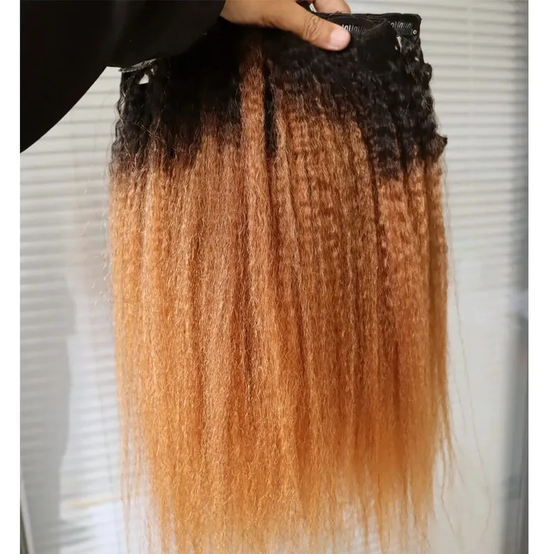 Ombre Two Tone 1B 30 Kinky Straight Human Hair Clip In Extensions Coarse Yaki Virgin Remy Indian Hair Clips In Hair — image 6