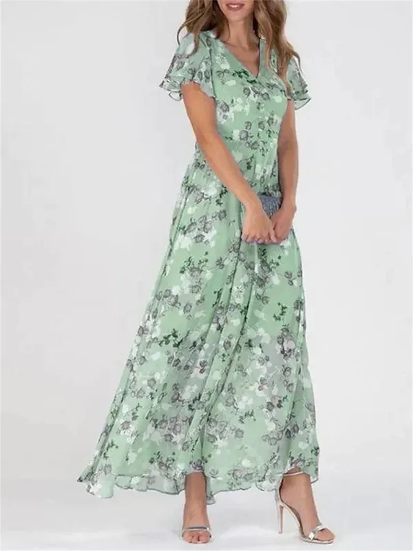 Women Elegant Ruffle Short Sleeve V Neck Pullover Dresses Sweet Style Small Flower Print High Waist Dress Female New Casual Gown — image 3