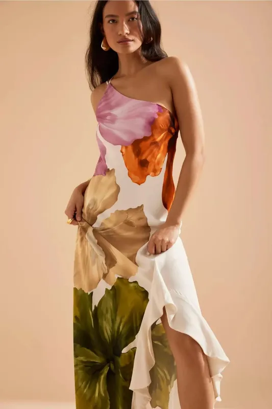 Fashion Women Printed Curling Edge Long Dresses Irregular One Shoulder Open Fork Gown Women Summer 2025 Party Vestidos — image 3