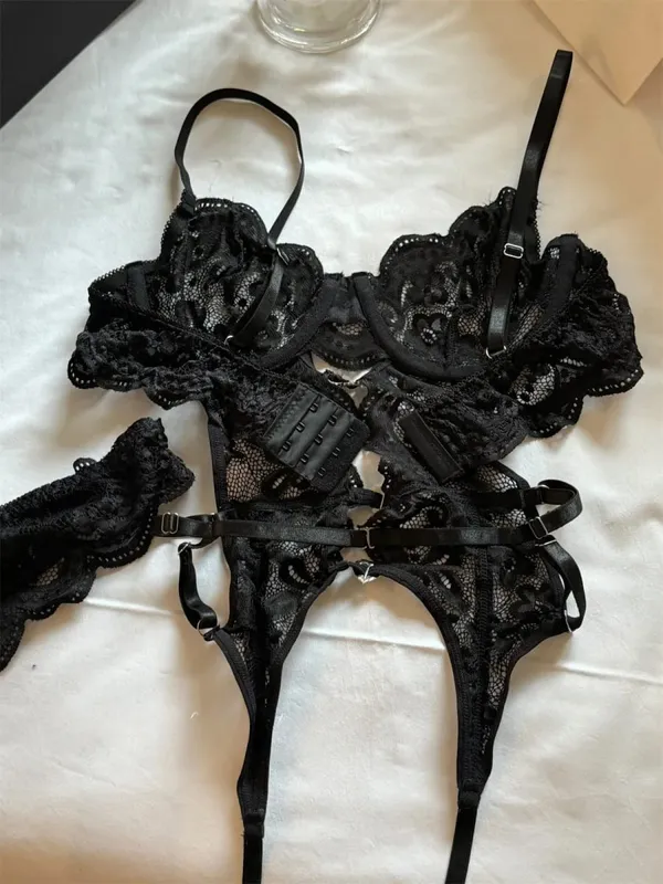 Embroidery flowers gathered cup underwear thin lace women lingerie gathered top support large breasts show small bra set — image 2