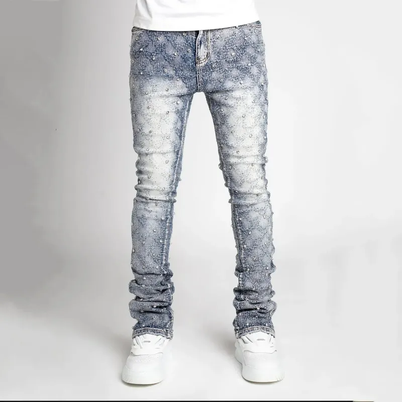 Personality Stacked Jeans for Men Slim Fit Stretchy Pearls Denim Laminated Pants for Men Fashion Straight Man's New Jeans — image 10