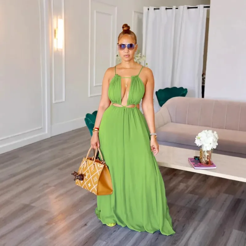 2025 Women's Dress Summer Holiday Solid Long Dresses Sexy Drawstring Lace Up Sleeveless Vestidos Para Mujer Club Party Outfits — image 3