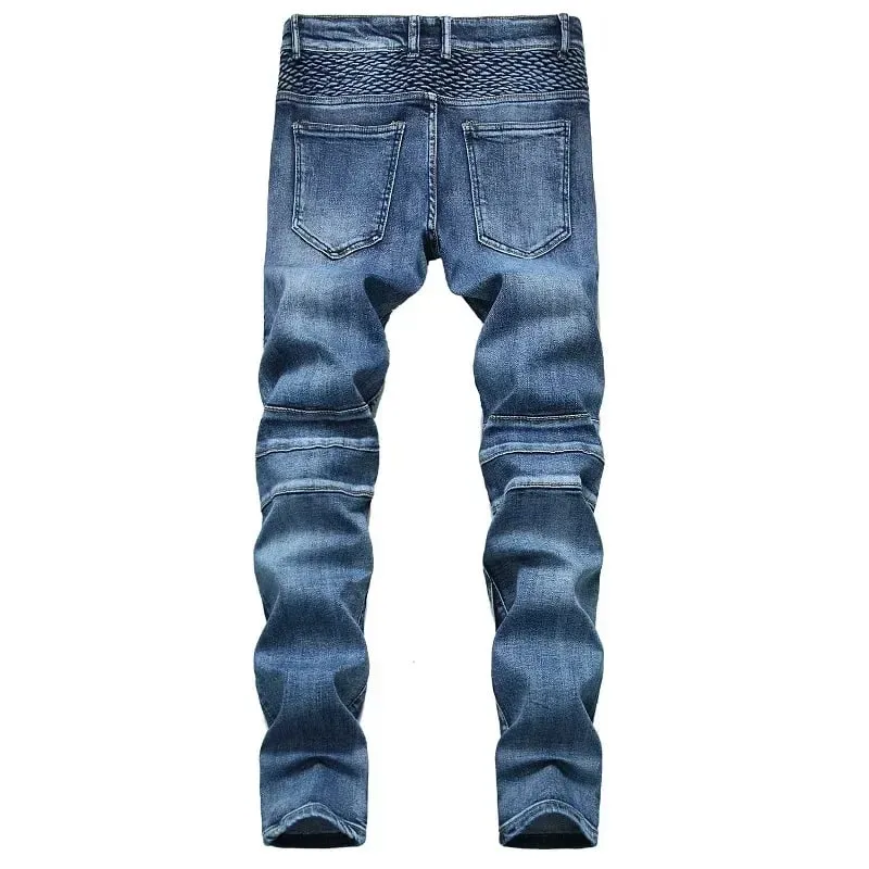 Men's New Casual Motorcycle Jeans Hip Hop Street Riding Stretch Slim Fit Straight Pants Patchwork Fashion Denim Trousers Male — image 6