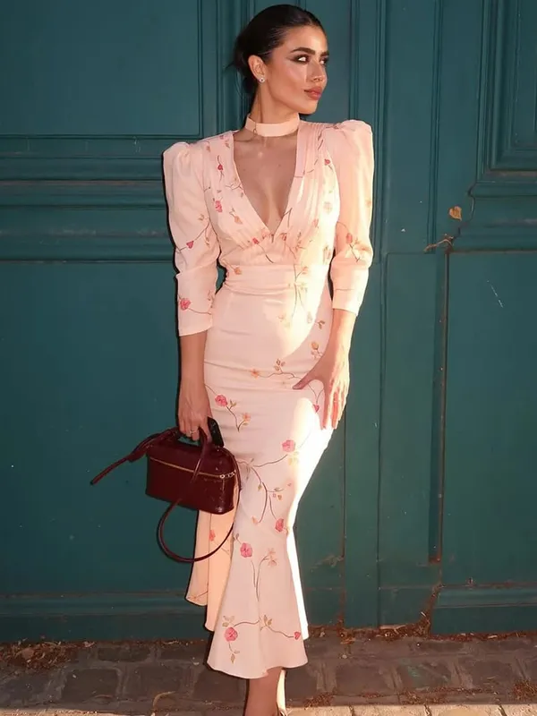 Trendix Elegant Flower Print Maxi Dress Women High Waist Patchwork Short Sleeve Dresses Sexy Deep V Neck Elegant Evening Dress