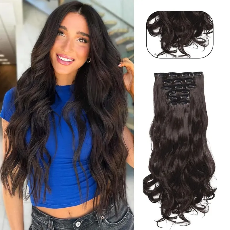 Clip-in-Haarverlängerung, lang, gewellt, Kunsthaar, 61 cm, Schwarz, 6 Stück, dicke Haarteile, Faser-Doppelschusshaar für Frauen — image 10